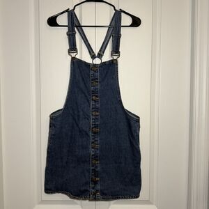 Forever 21 Dark Wash Blue Denim Overall Midi Dress Button-Front 100% Cotton Sz L